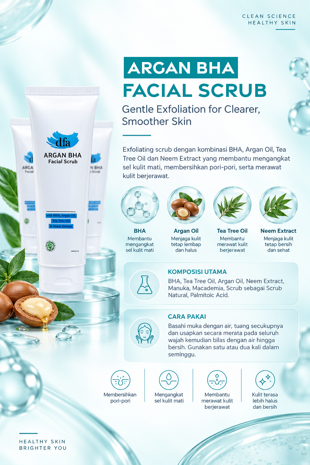 Argan BHA Facial Scrub - Membantu mengangkat kulit mati, membersihkan pori-pori, serta merawat kulit berjerawat.