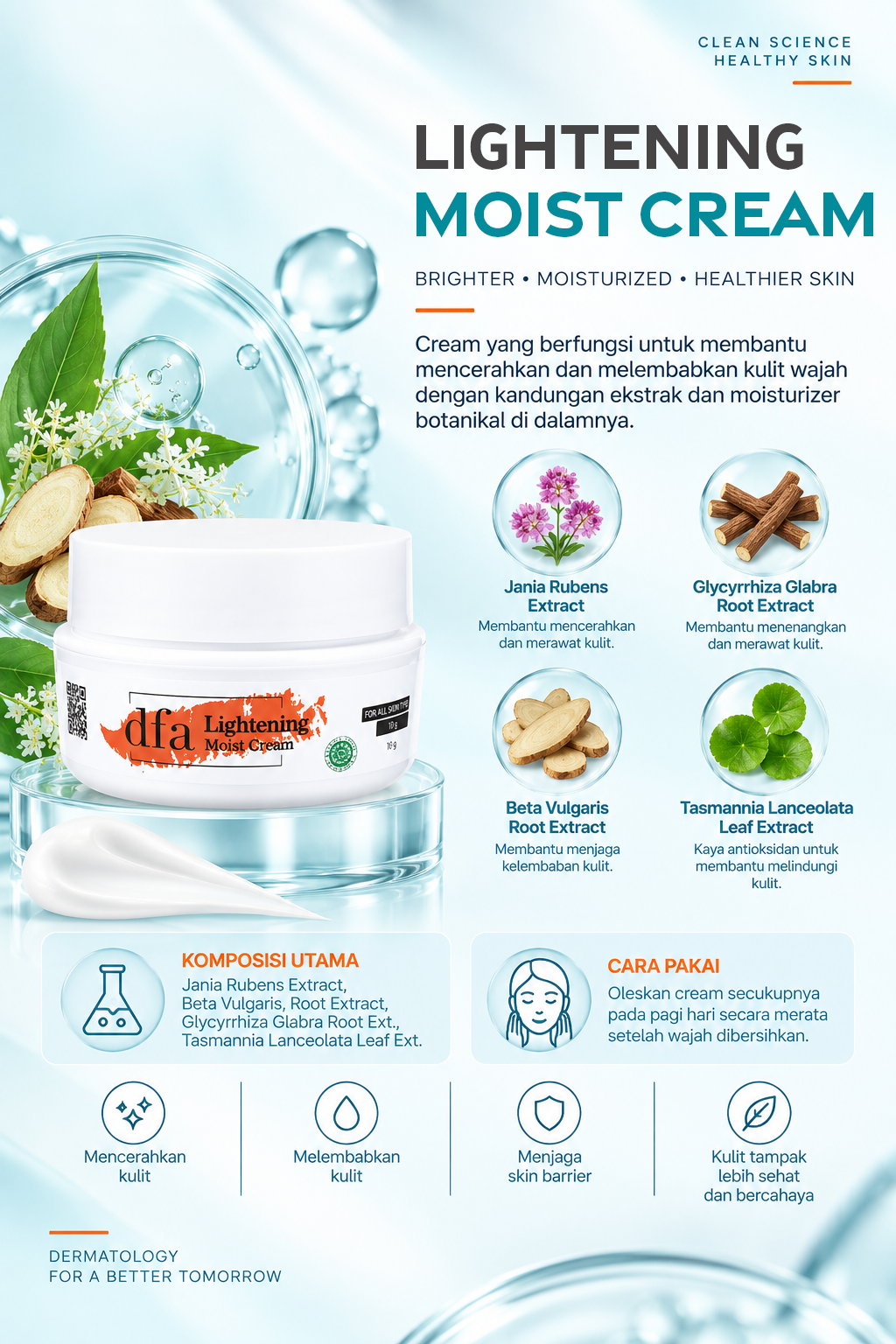 Cream yangn berfungsi untuk membantu mencerahkan dan melembabkan kulit wajah dengan kandungan ekstrak dan moisturizer botanikal di dalamnya.