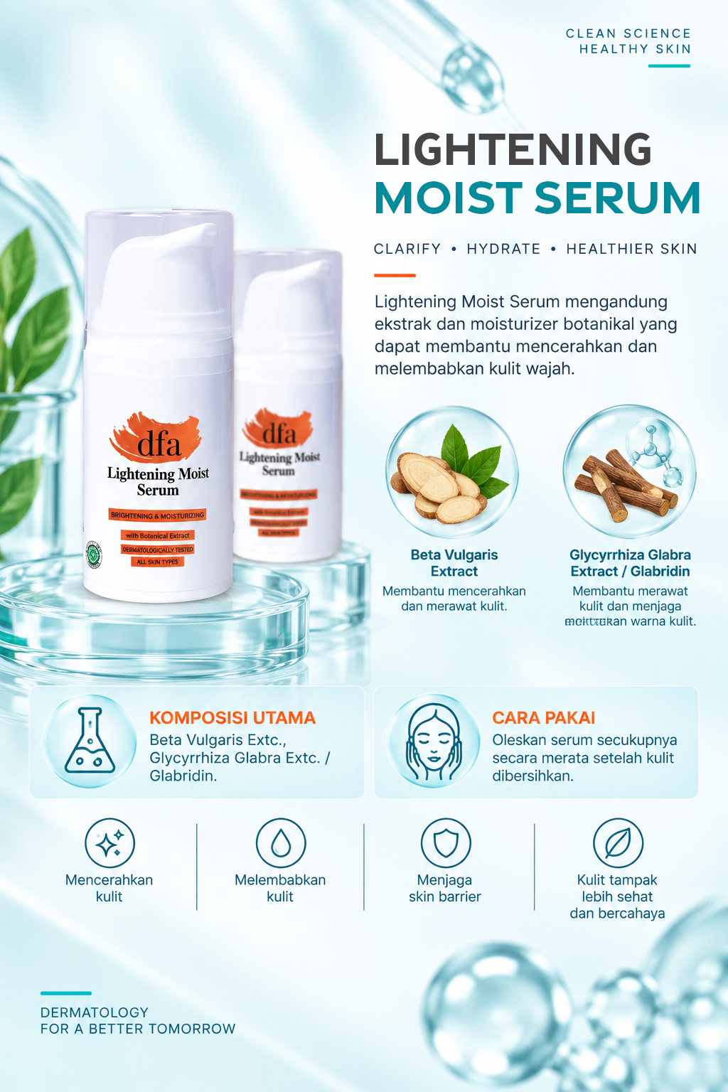 Lightening Moist Serum mengandung ekstrak dan moisturizer botanikal yang dapat membantu mencerahkan dan melembabkan kulit wajah.