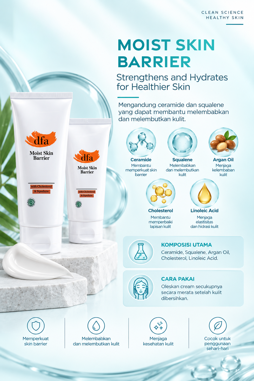 Moist Skin Barrier - Mengandung ceramide dan squalene yang dapat membantu melembabkan dan melembutkan kulit.