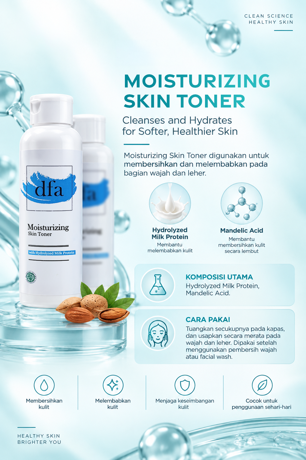 Skin Toner digunakan untuk membersihkan dan melembabkan pada bagian wajah dan leher.