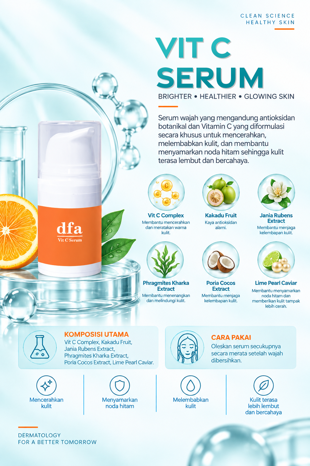 Serum wajah yang mengandung antioksidan botanikal dan Vitamin C yang diformulasikan secara khusus untuk mencerahkan, melembabkan kulit, dan membantu menyamarkan noda hitam sehingga kulit terasa lembut dan bercahaya.