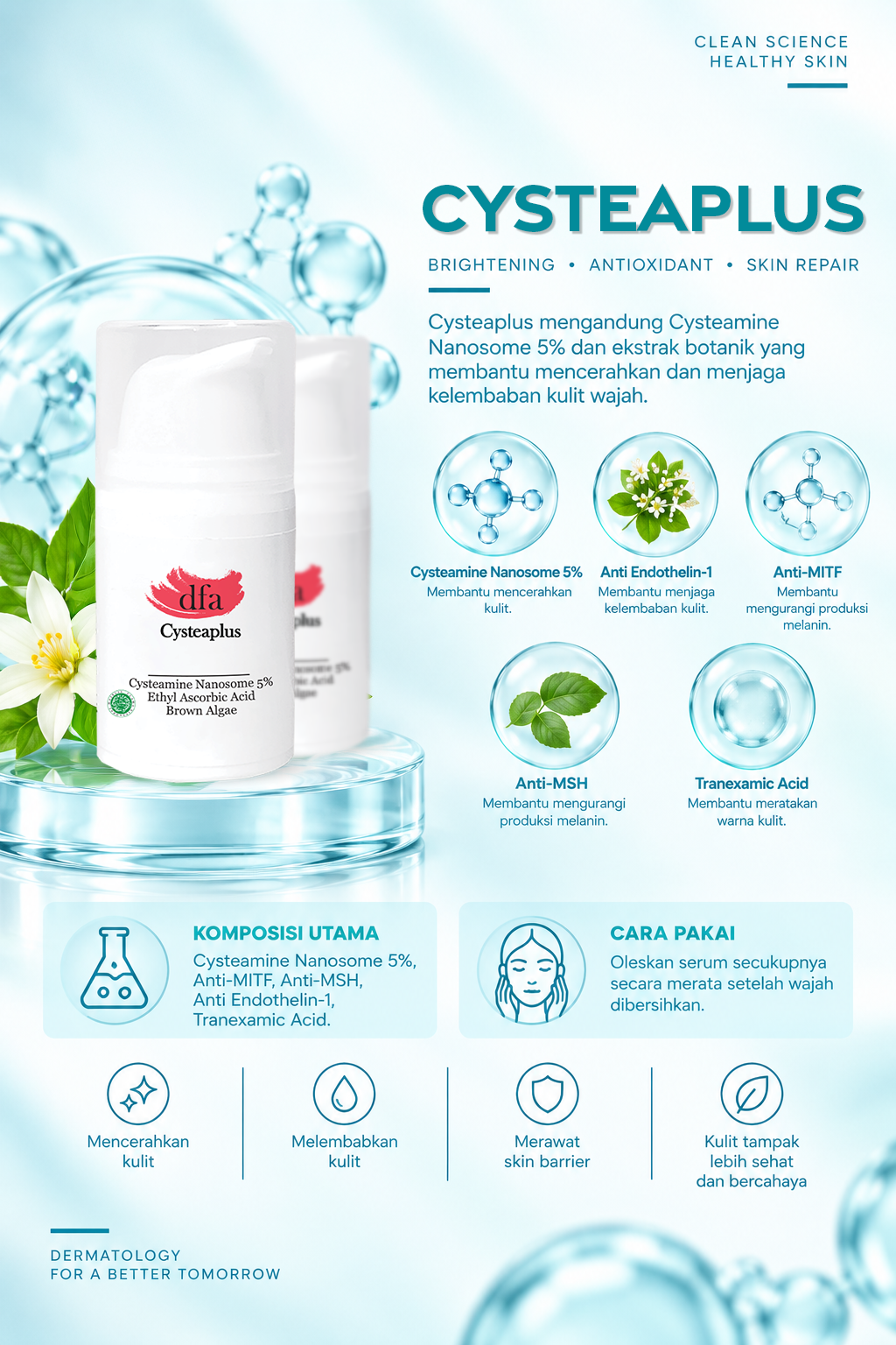 Cysteaplus mengandung Cysteamine Nanosome 5% dan ekstrak botanikal yang membantu mencerahkan dan menjaga kelembaban kulit wajah.