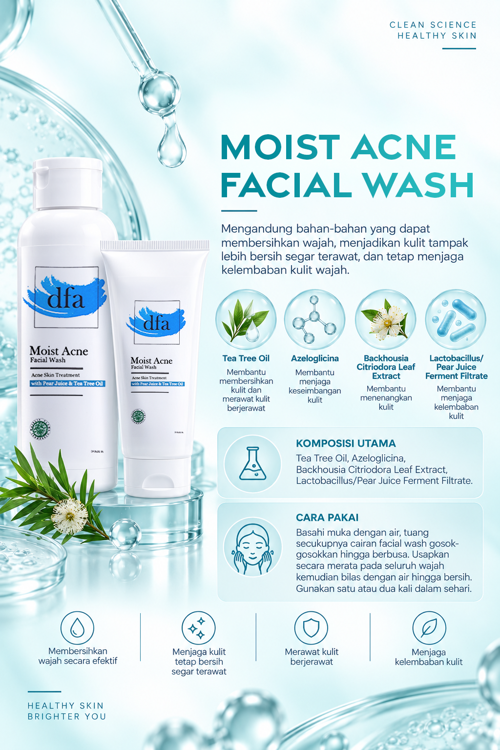 Facial Wash Acne mengandung bahan-bahan yang dapat membersihkan wajah, menjadikan kulit tampak lebih bersih segar terawat dan tetap menjaga kelembaban kulit wajah.