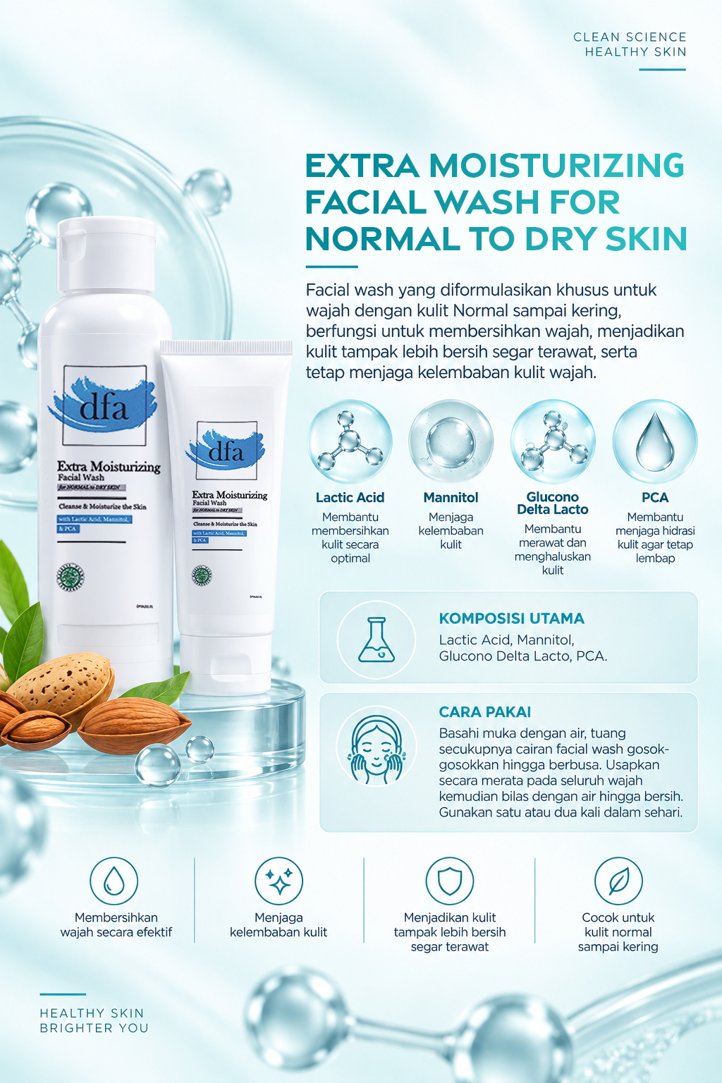 Facial Wash yang diformulasikan khusus untuk wajah dengan kulit Normal sampai kering.