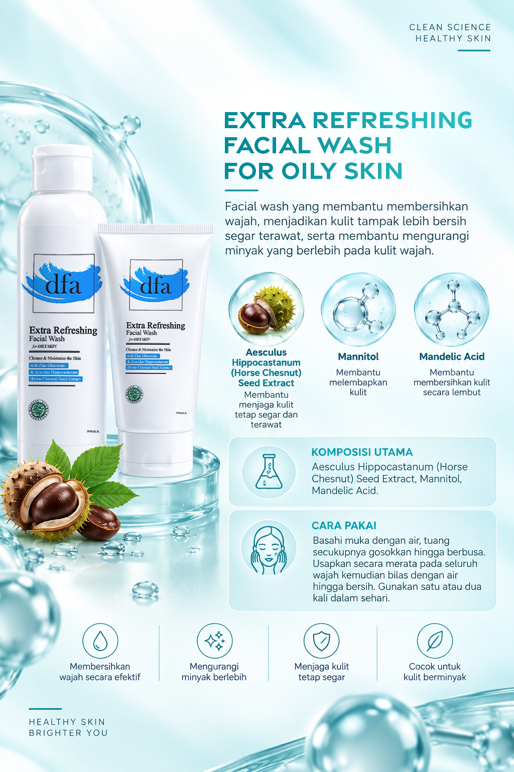 Facial Wash Oily membantu membersihkan wajah, menjadikan kulit tampak bersih segar terawat, serta membantu mengurangi minyak yang berlebih pada kulit wajah.