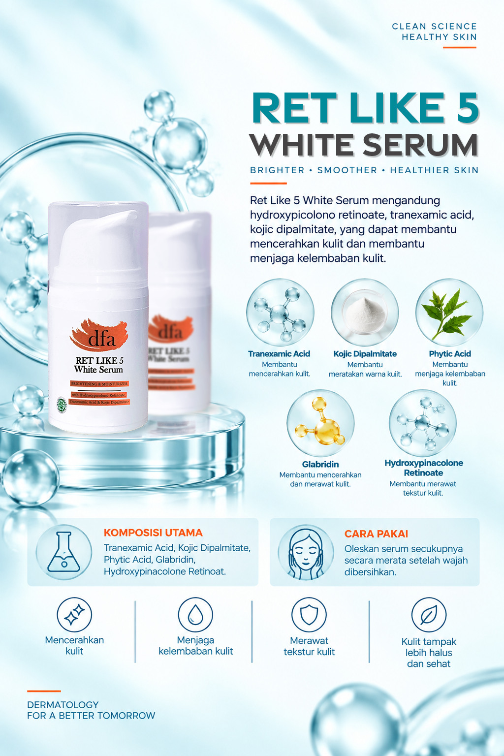 Ret Like 5 White Serum mengandung hydroxypicolono retionate, tranexamid acid, kojic dipalmitate, yang dapat membantu mencerahkan kulit dan membantu menjaga kelembaban kulit.