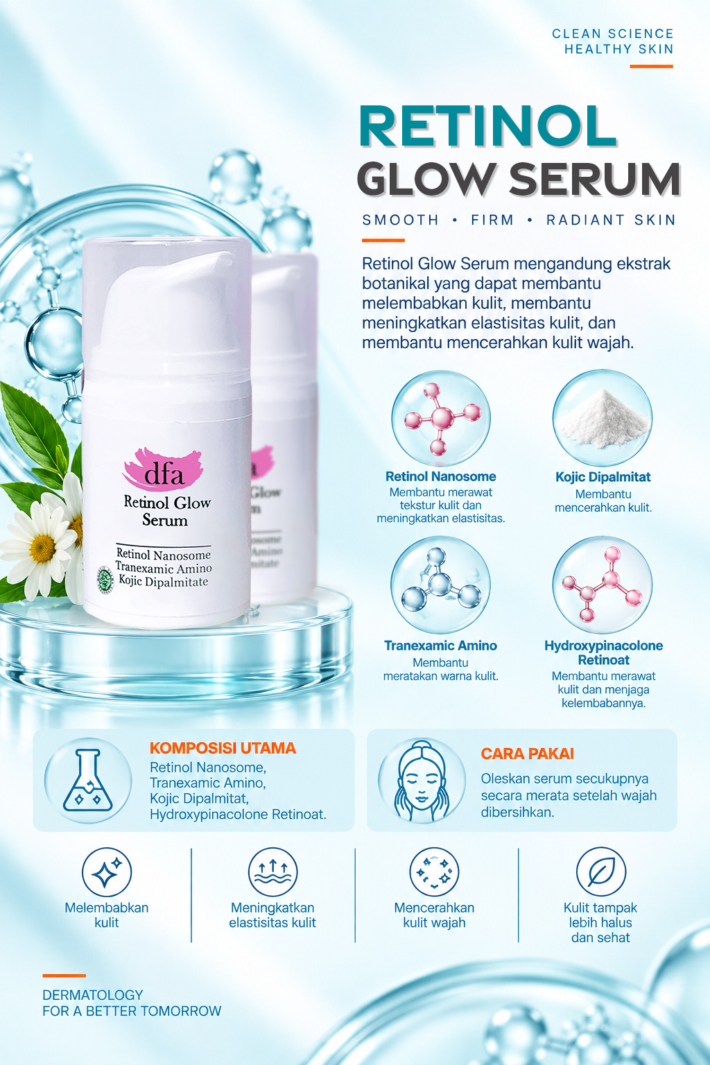 Retinol Glow Serum mengandung ekstrak botanikal yang dapat membantu melembabkan kulit, membantu meningkatkan elastisitas kulit, dan membantu mencerahkan kulit wajah.