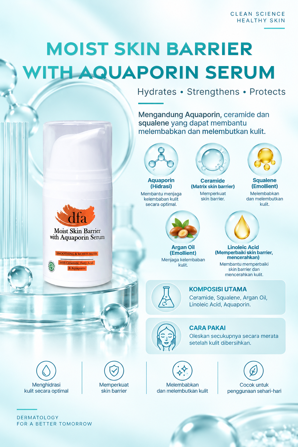 Moist Skin Barrier with Aquaporin Serum - Mengandung Aquaporin, ceramide dan squalene yang dapat membantu melembabkan dan melembutkan kulit.