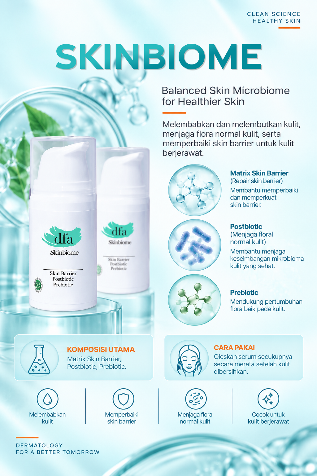 Skinbiome Melembabkan dan melembutkan kulit, menjaga flora normal kulit, serta memperbaiki skin barrier untuk kulit berjerawat.