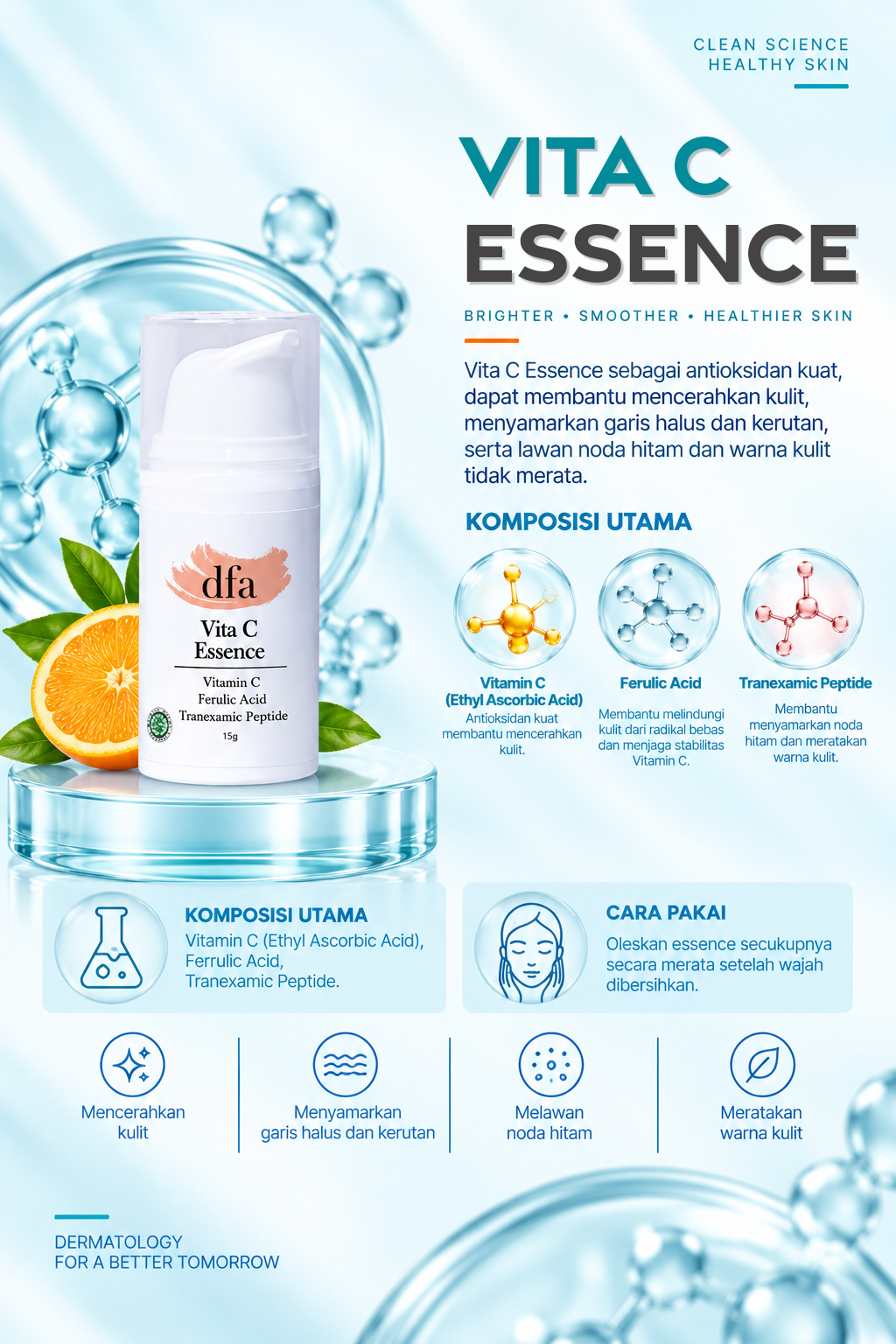 Vita C Essence sebagai antioksidan kuat, dapat membantu mencerahkan kulit, menyamarkan garis halus dan kerutan, serta lawan noda hitam dan warna kulit tidak merata